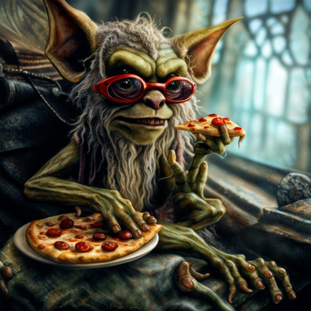 Gremlin Lounging and Eating Pizza, Hyperrealistic Image