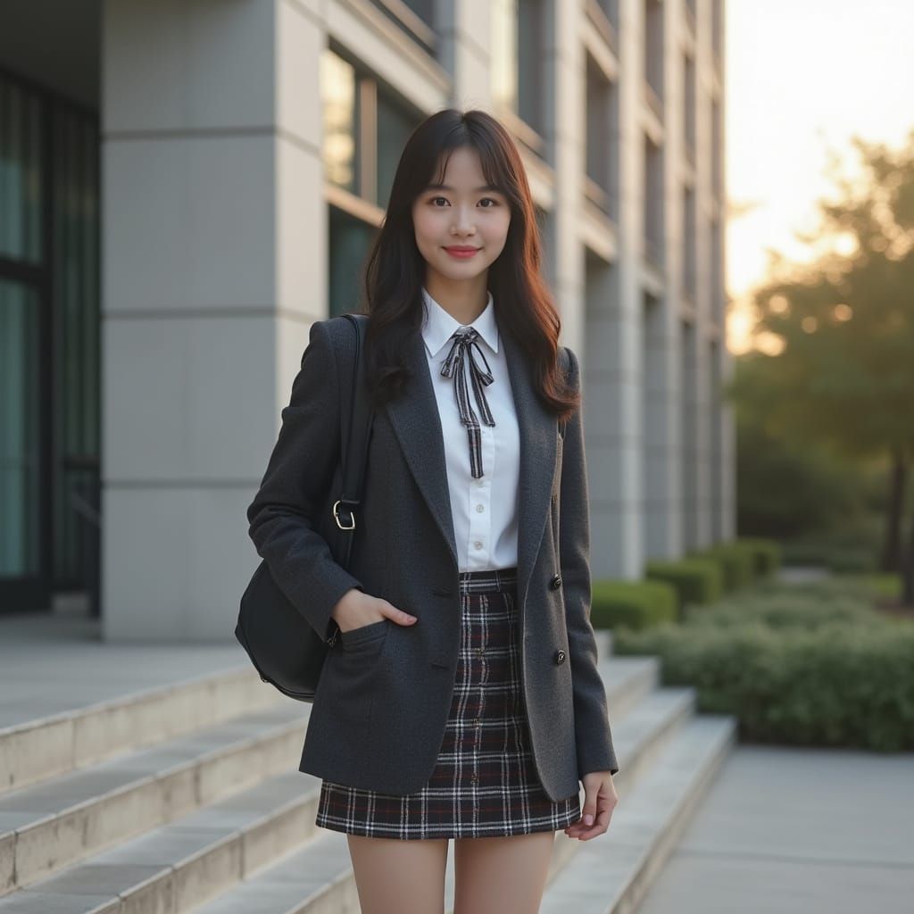 Hyper Realistic Photo of Young Asian Woman in Plaid Skirt