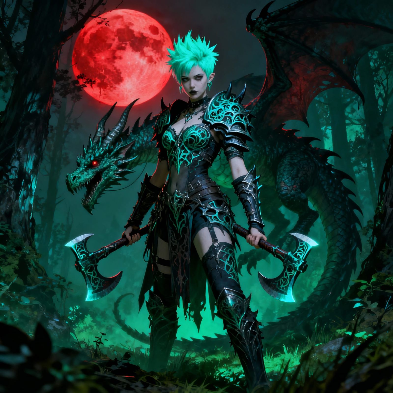 Gothic Warrior with Dual Axes Under Blood Moon