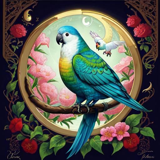 Cockatoo on Moon in Floral Tapestry