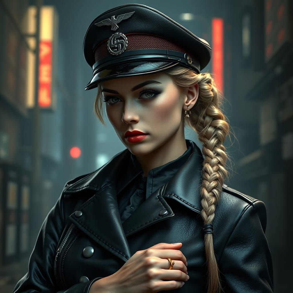 Dieselpunk Female SS Officer in Elegant Black Attire