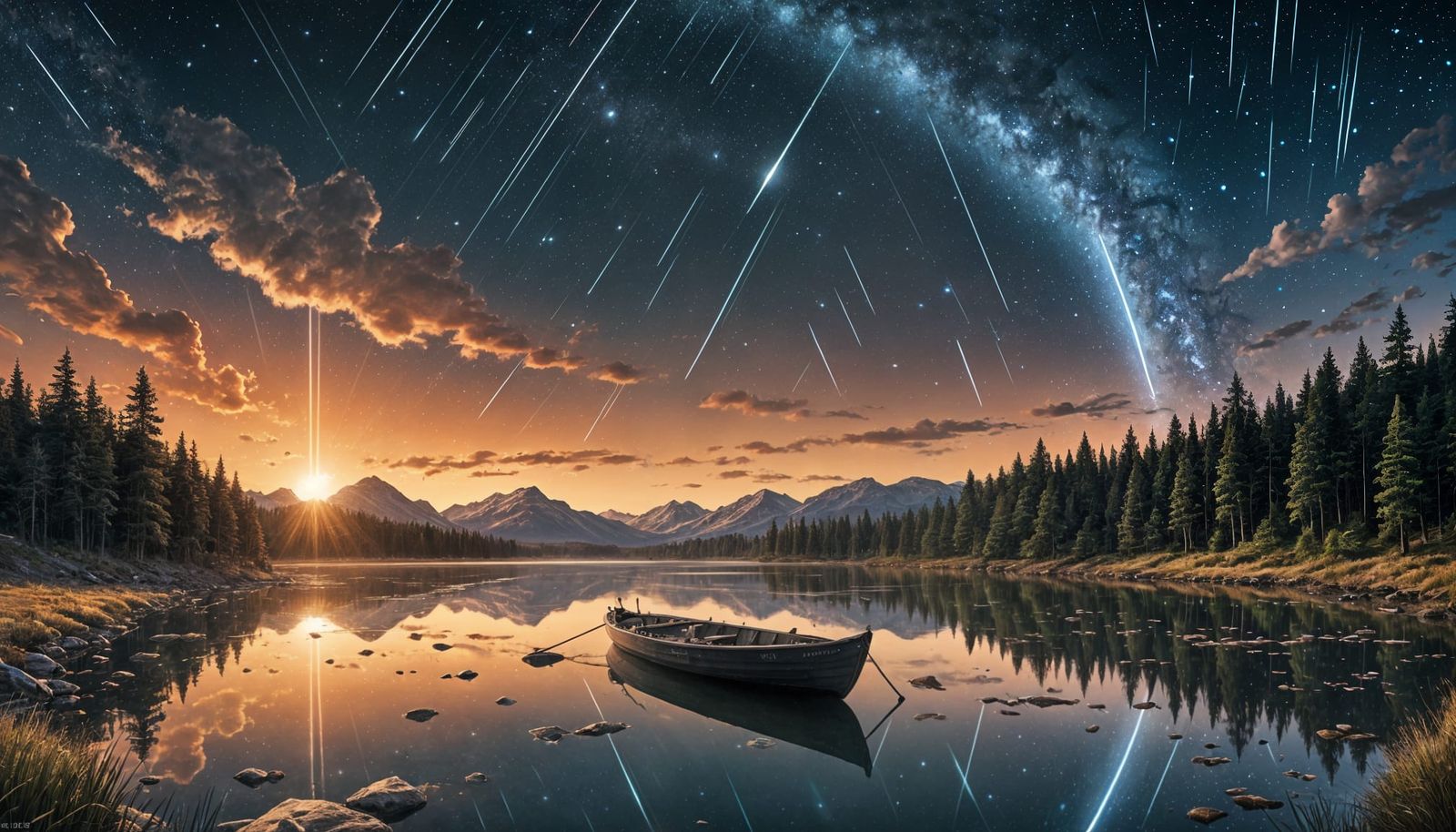 Meteor shower above a lake.