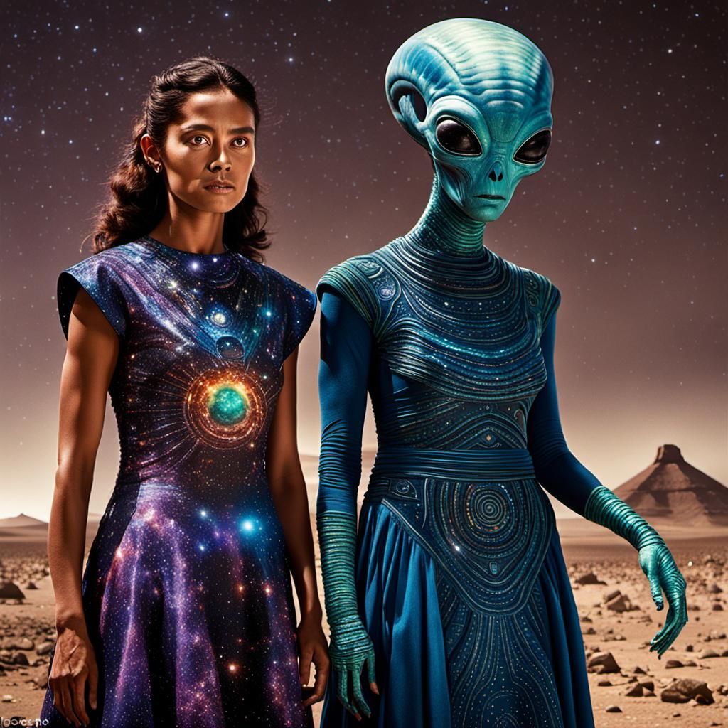 Woman and Alien in Cosmic Dress, Realistic Photo