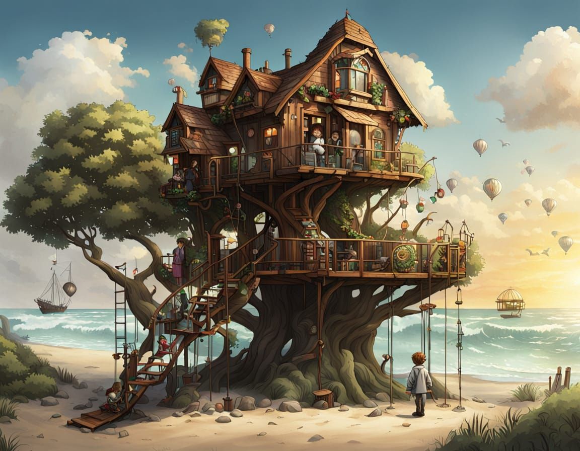 Child's Steampunk Treehouse Amidst Beachside Gears