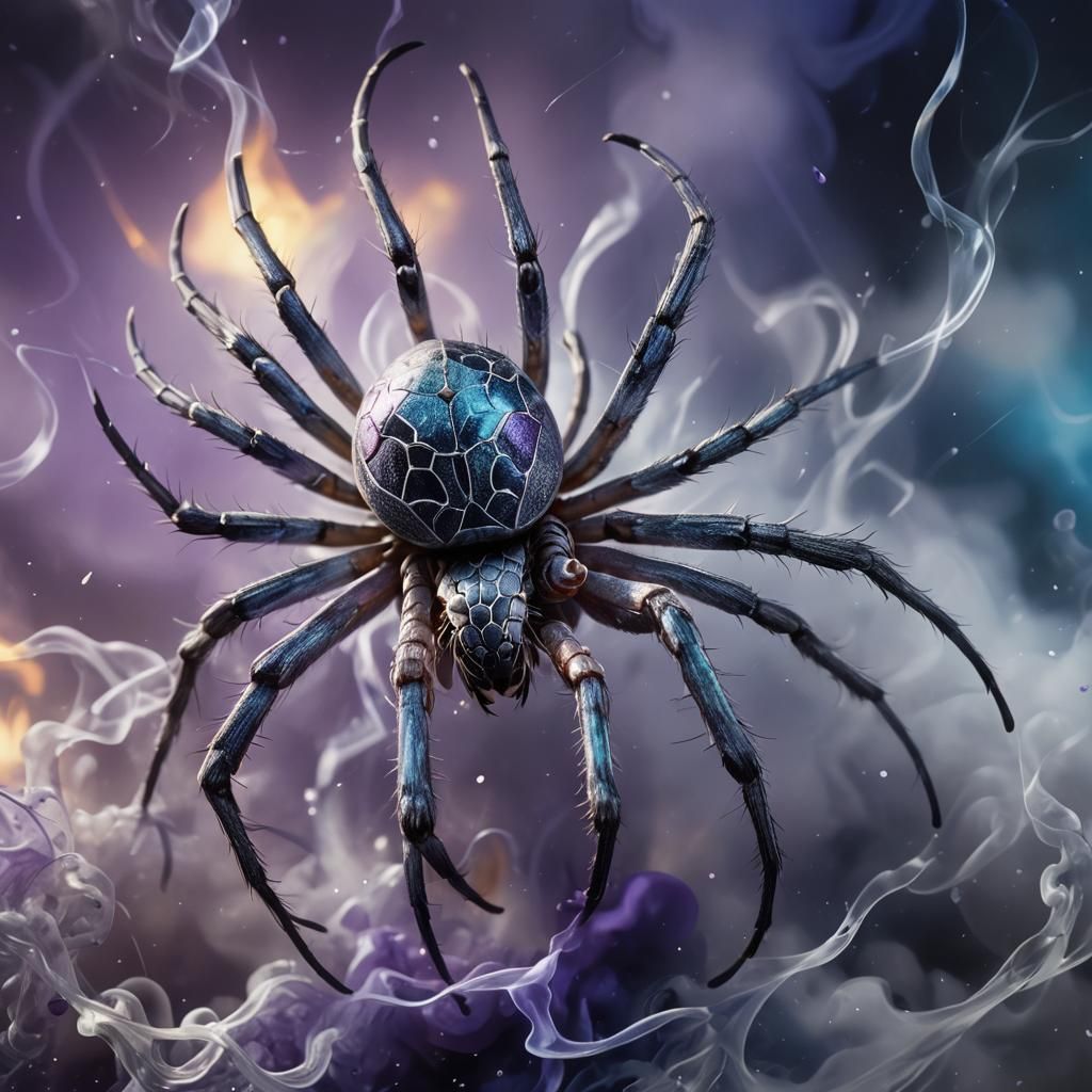 Grey Spider Weaving Smoke in Hyperrealistic Style