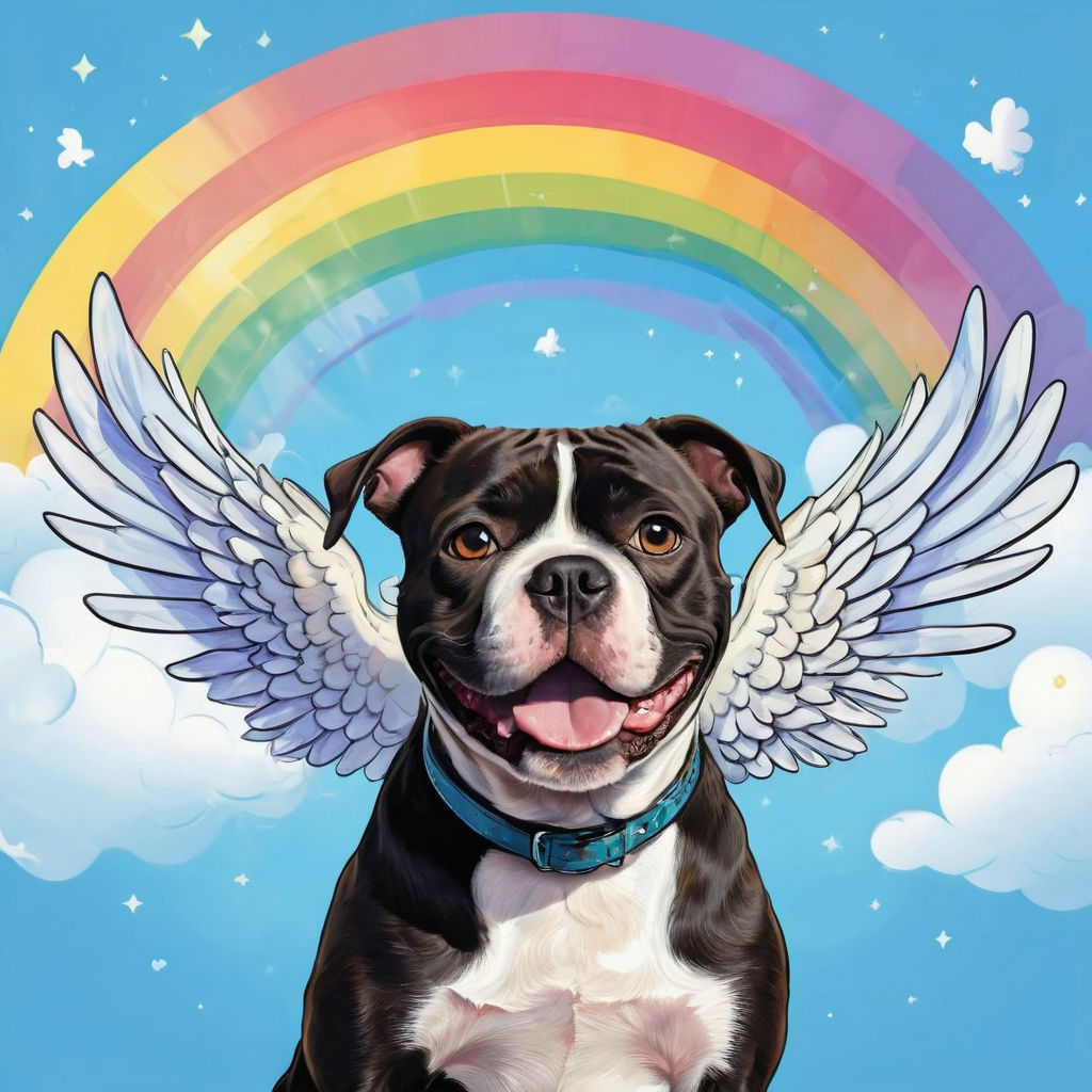 Cartoon Staffordshire Bull Terrier Angel in Sunny Sky