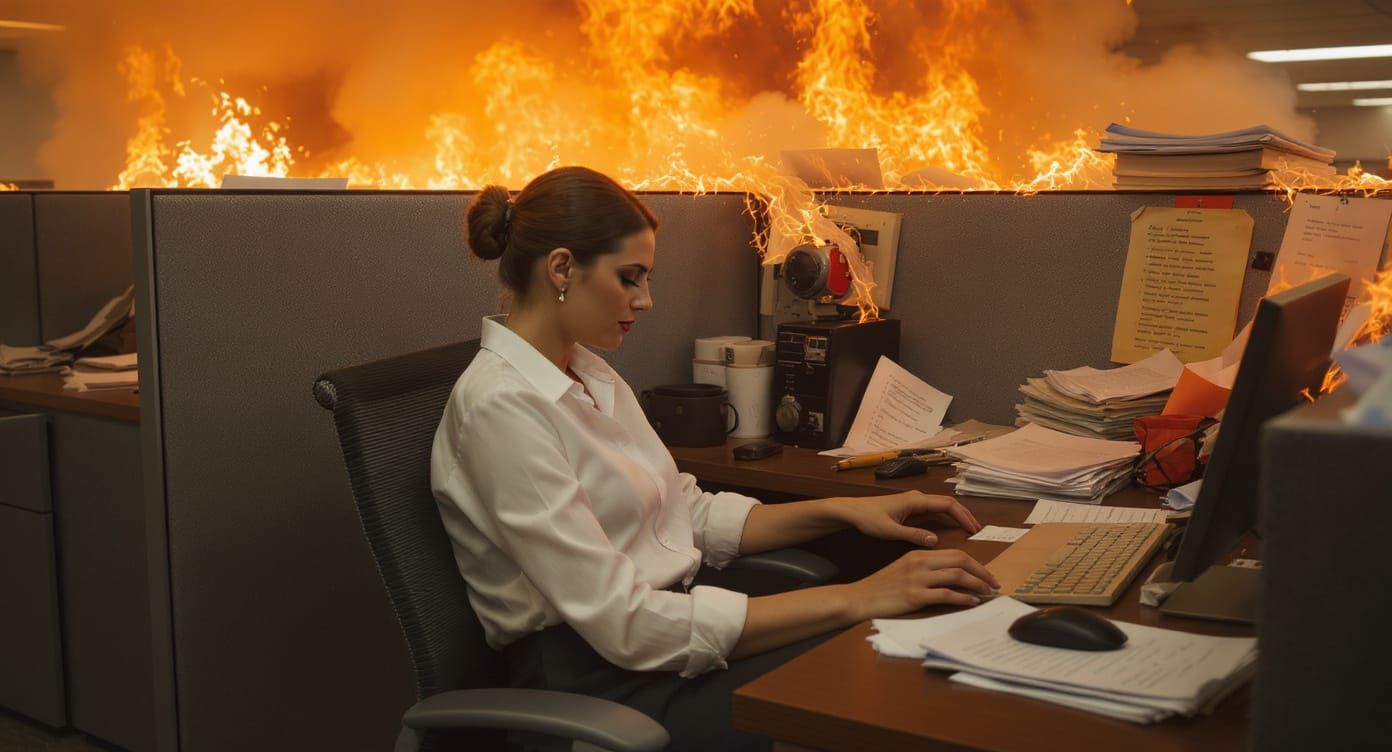Woman Calmly Works as Office Burns Down