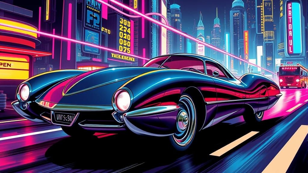 Retro-Futuristic Car on Neon Highway in Comic Book Style