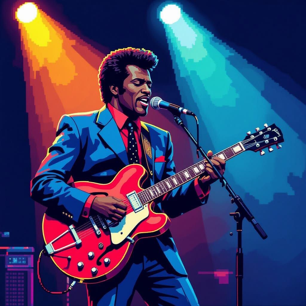 Pixel Art Chuck Berry Singing on Stage in 16-Bit Style