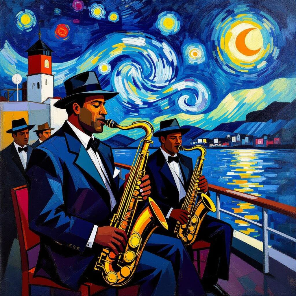 Jazz Band Performs on Ship Under Starry Night, Cubist Style