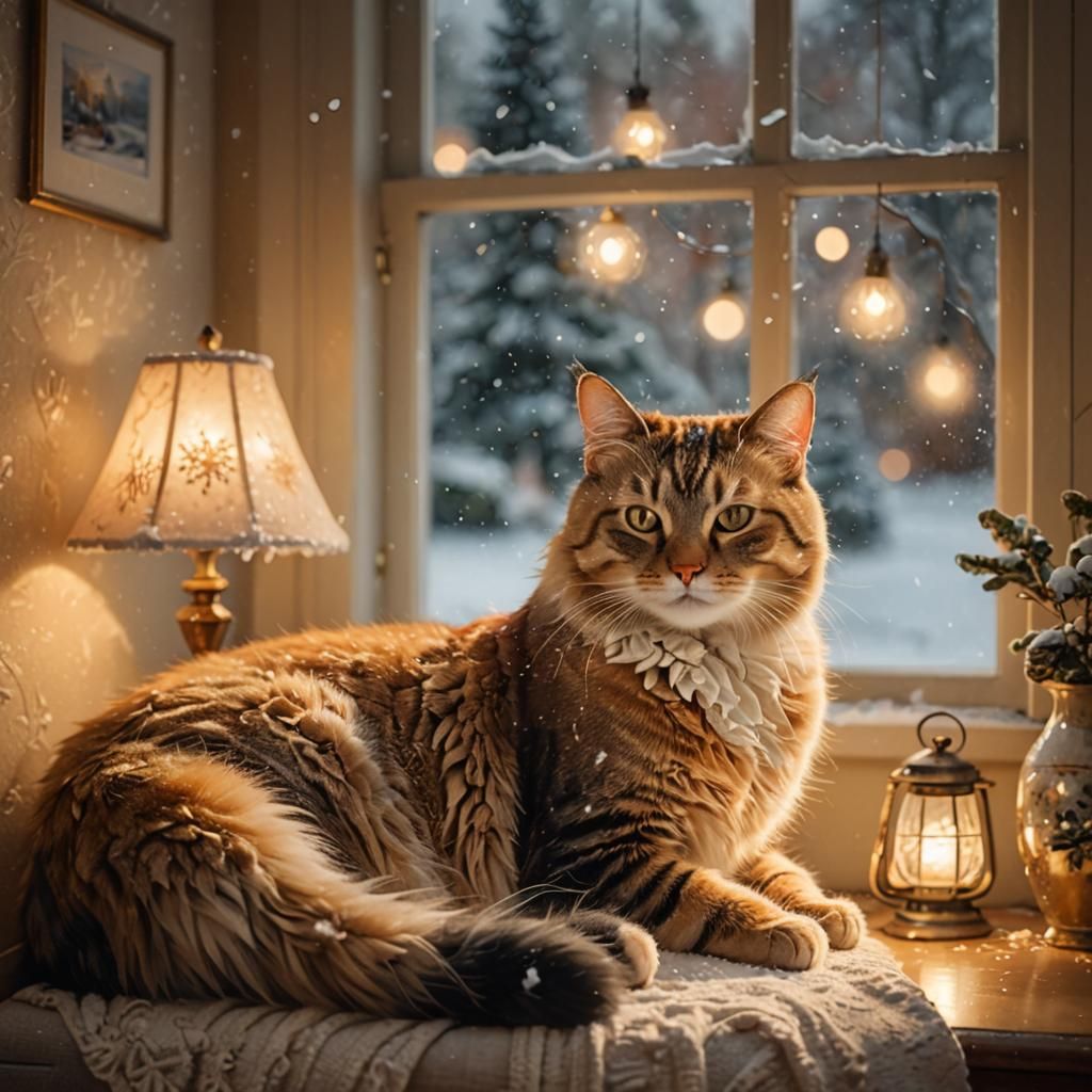 Cozy Cat by Lamp in Snowy Impressionism
