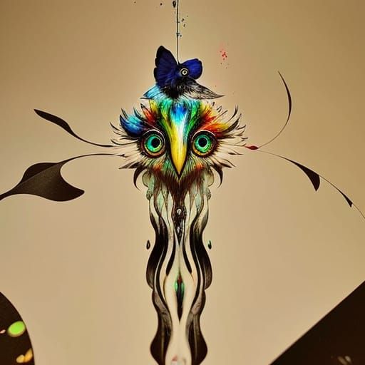 Rainbow Chibi Owl Portrait in Inkblot Style