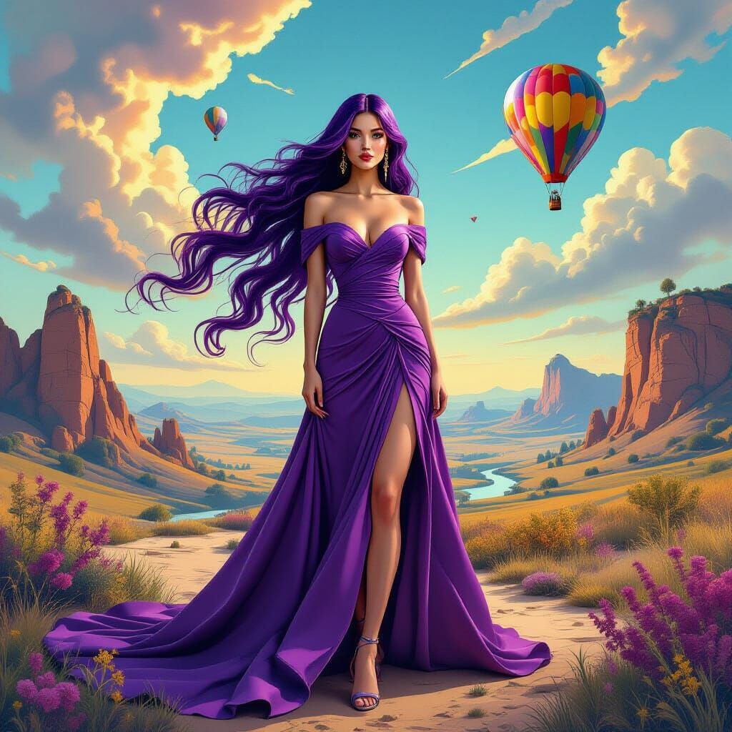 Surreal Woman with Purple Hair in Dreamlike Landscape