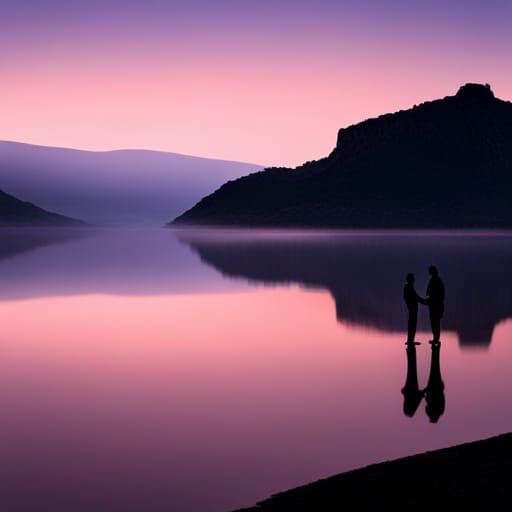 Lakeside Dawn Embrace in Anime Key Visual Style