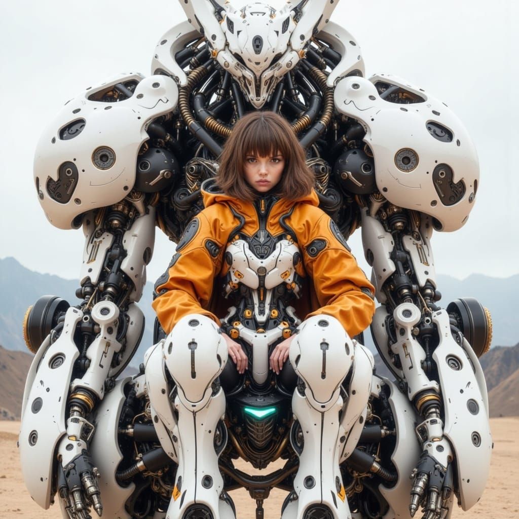 Woman Pilots Giant White Mecha on Sandy Lakeshore