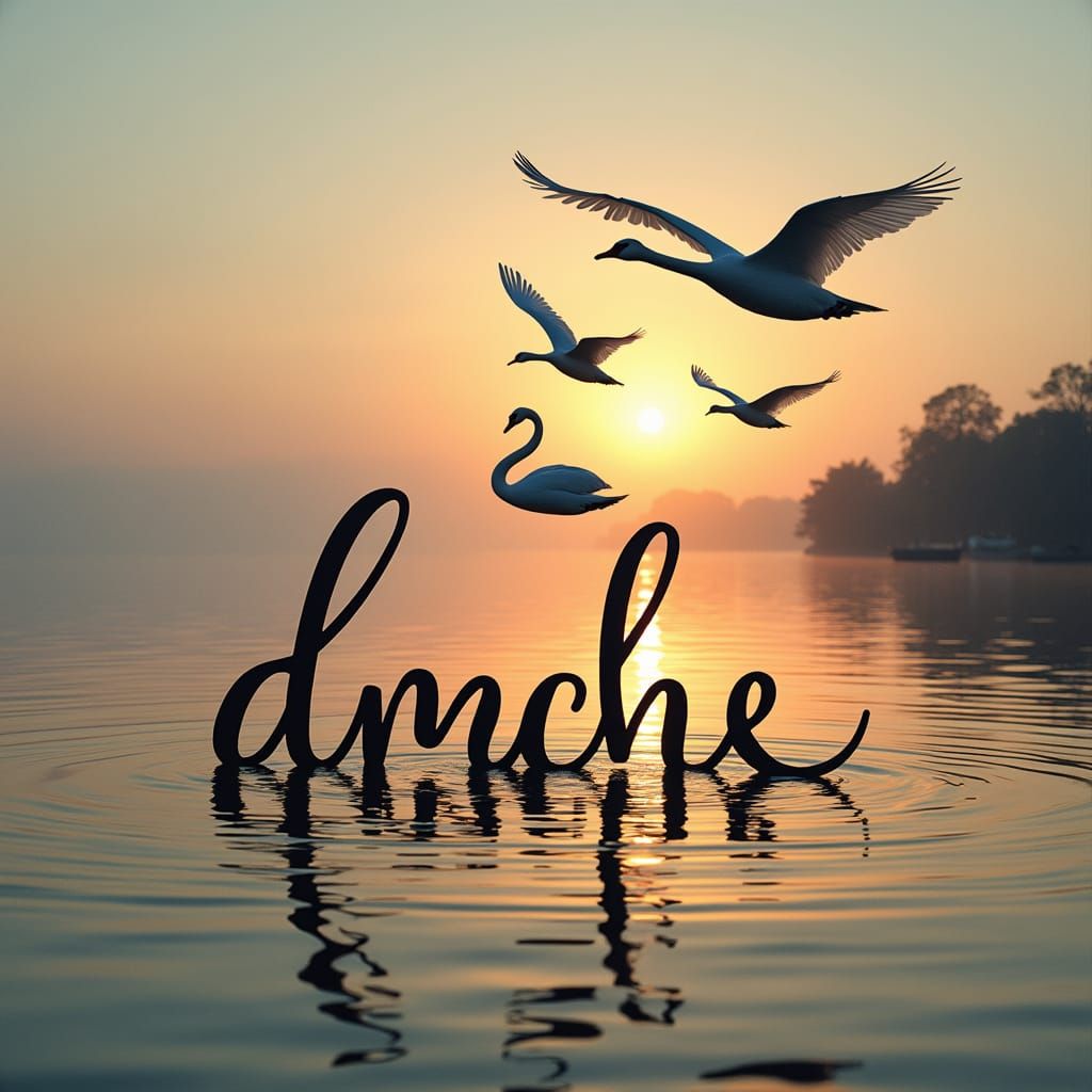 Calligraphic Swans Soaring into Sunset Sky