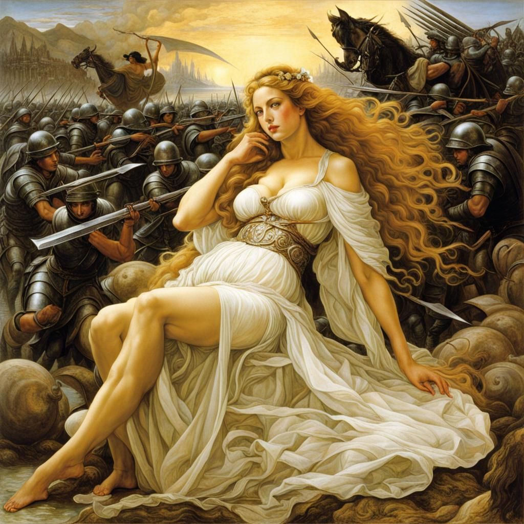 Goddess Presides Over Allegorical War Landscape