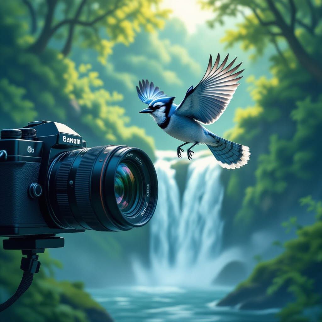 Blue Jay Escapes Waterfall Camera Lens