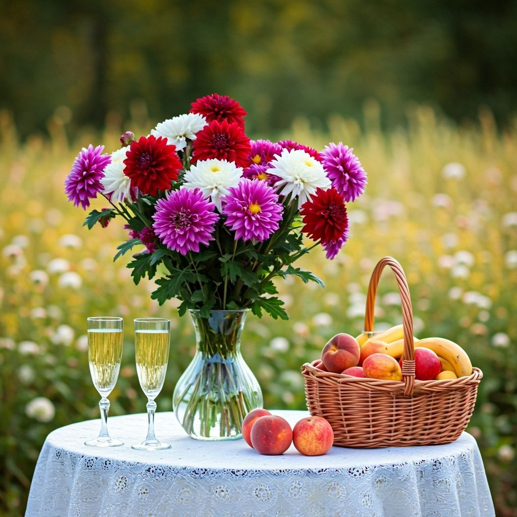 Impressionist Bouquet of Flowers with Fruit and Champagne