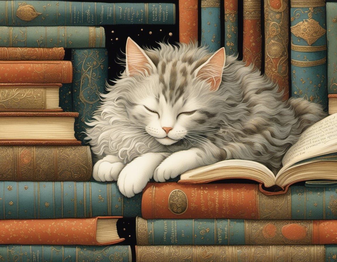 Cute Cat Sleeps Between Ancient Books