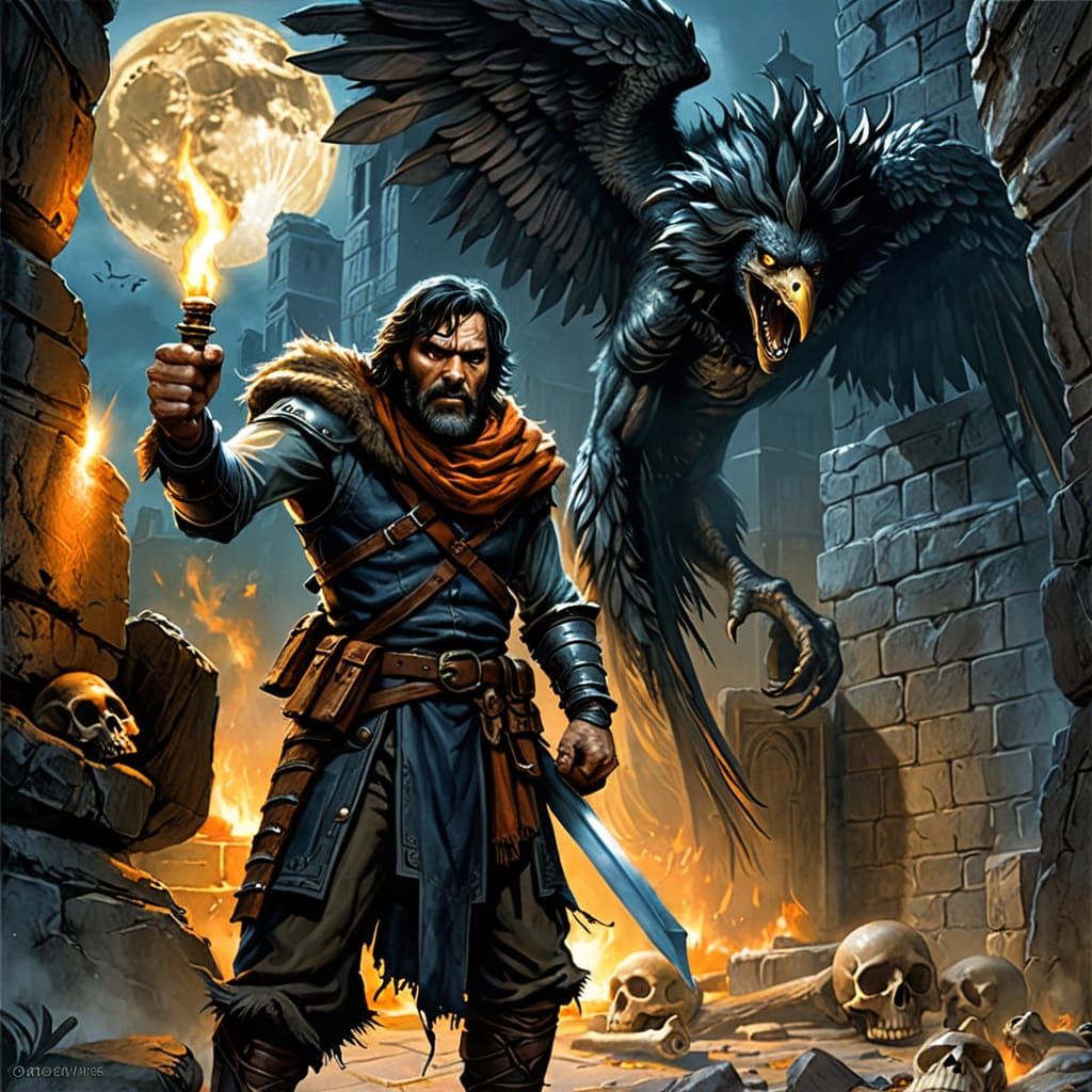 Dark Fantasy Harpy Hunts Man in Ancient Ruins