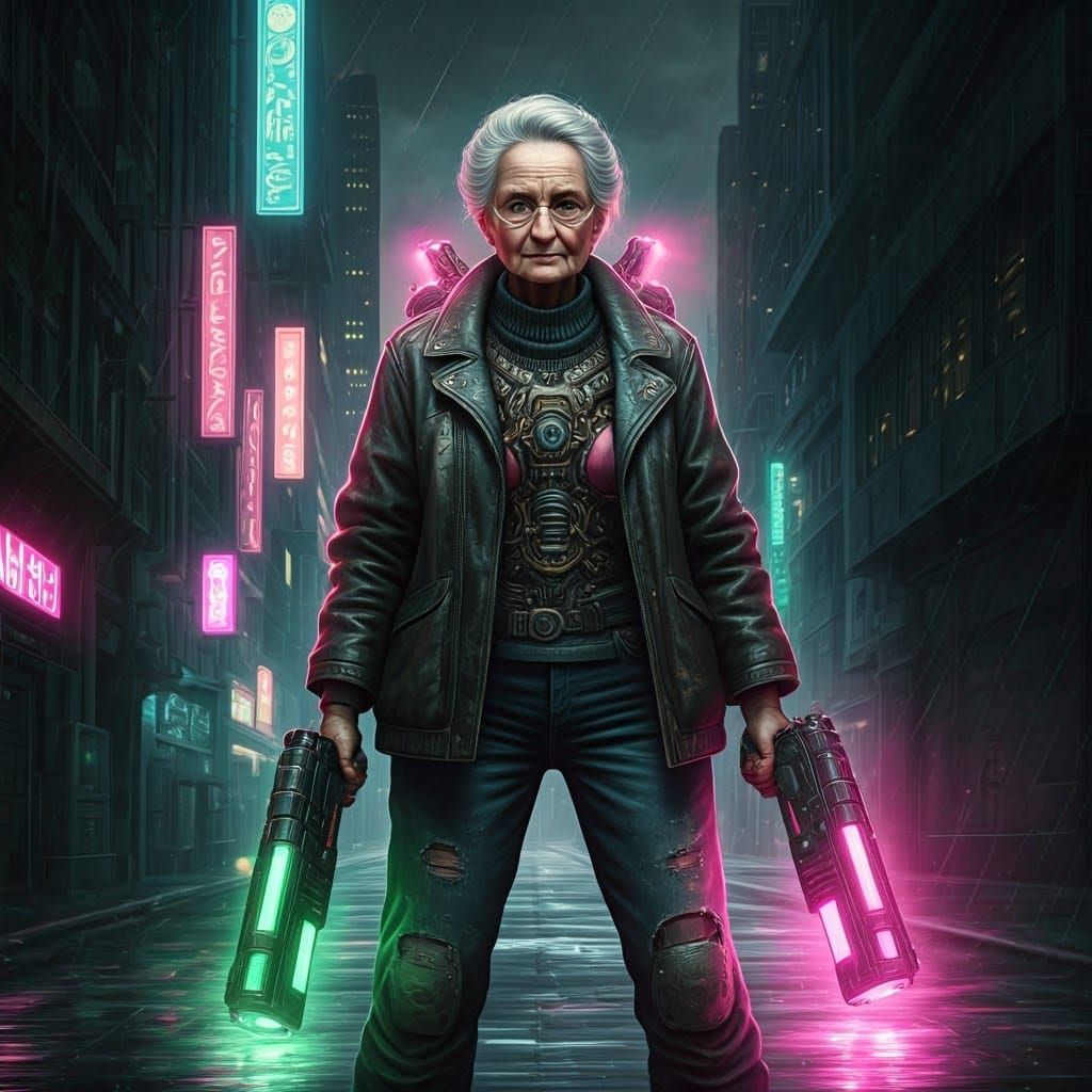 Cyborg Granny Unleashes Futuristic Fury in Rain-Swept Alleyw...