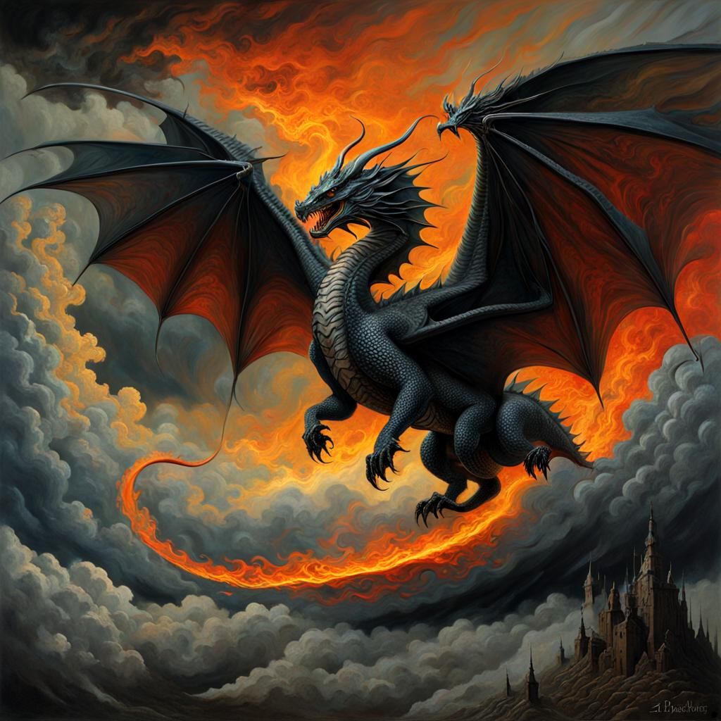Winged Dragon Flames in Beksiński Style Sky