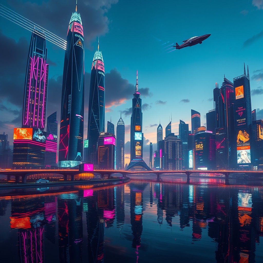 Futuristic Cityscape at Dusk in Cyberpunk Style