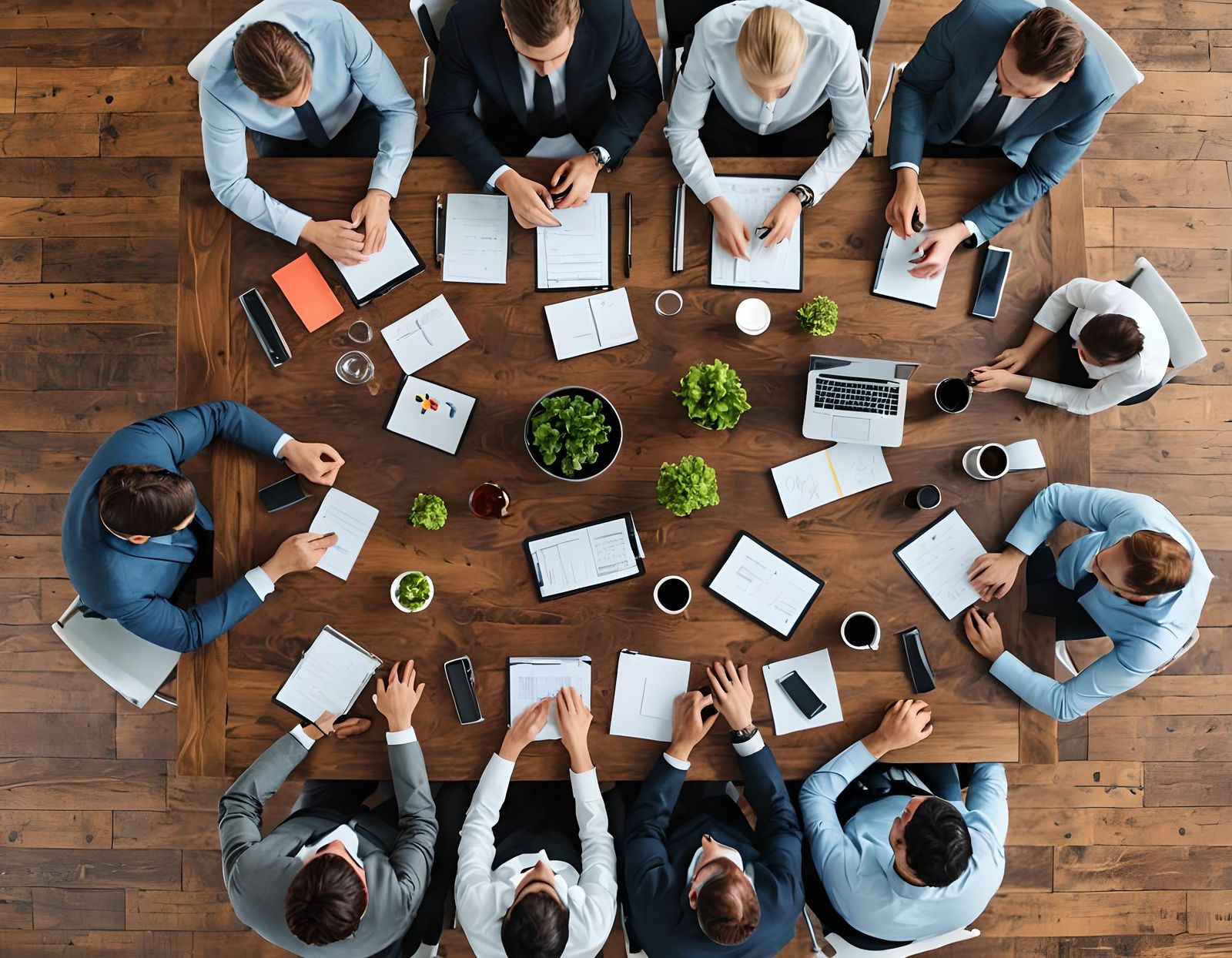 Business Brainstorming: Top View in Modern Office