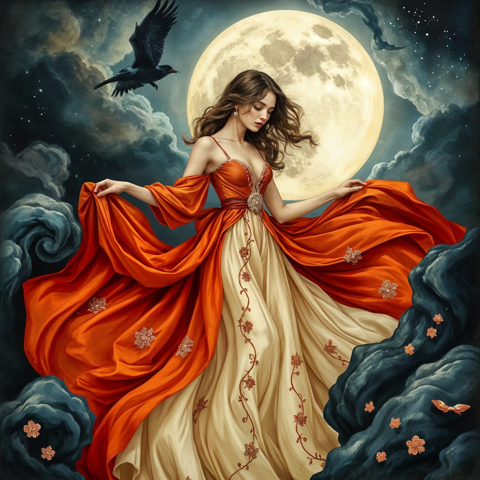 Red and Beige Moon Fantasy Embroidery Artwork