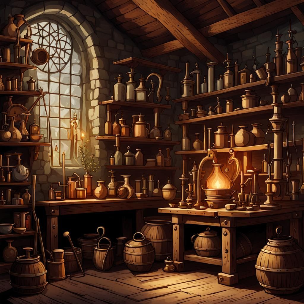 Forgotten Medieval Alchemist Laboratory Illustration