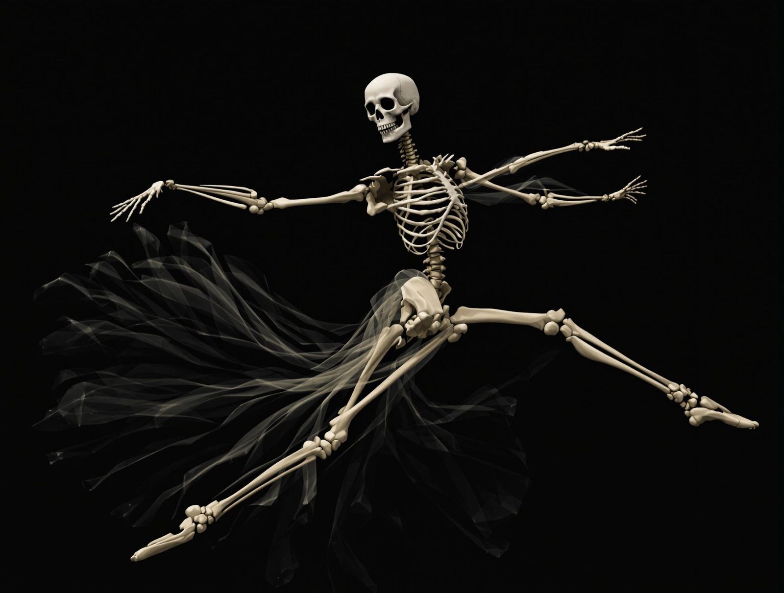Artistic picture of a skeleton balletina. Bony limbs, ethereally extended, defy the rigidity of death. The skull, a porc...