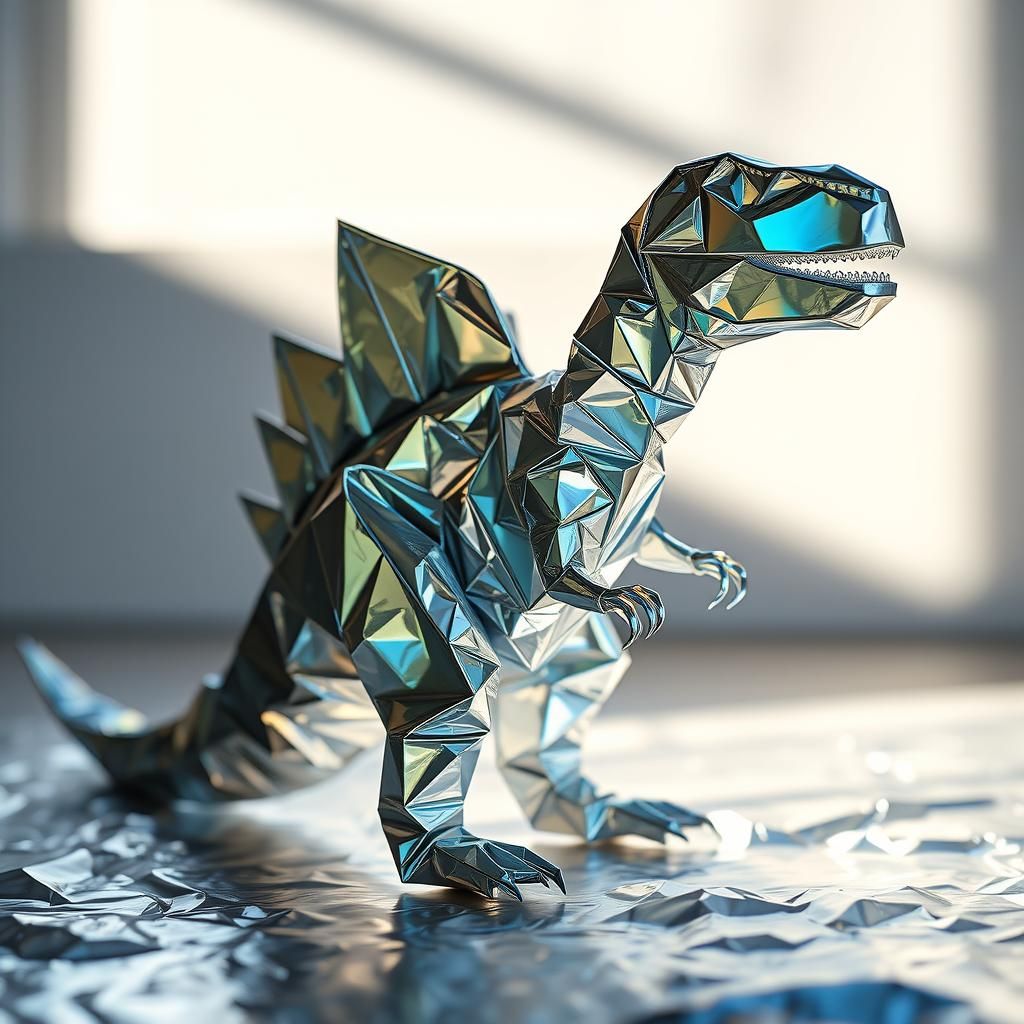 Iridescent Origami Dinosaur Sculpture in Shimmering Foil