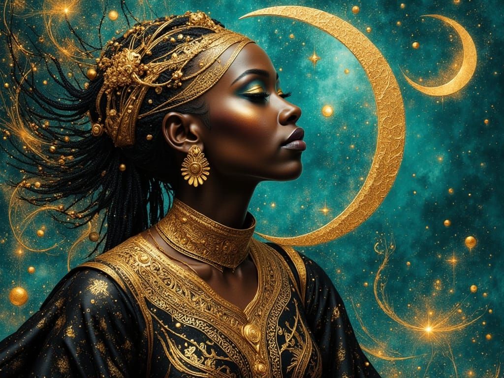 Black Elf in Gold Garments Gazes Upward