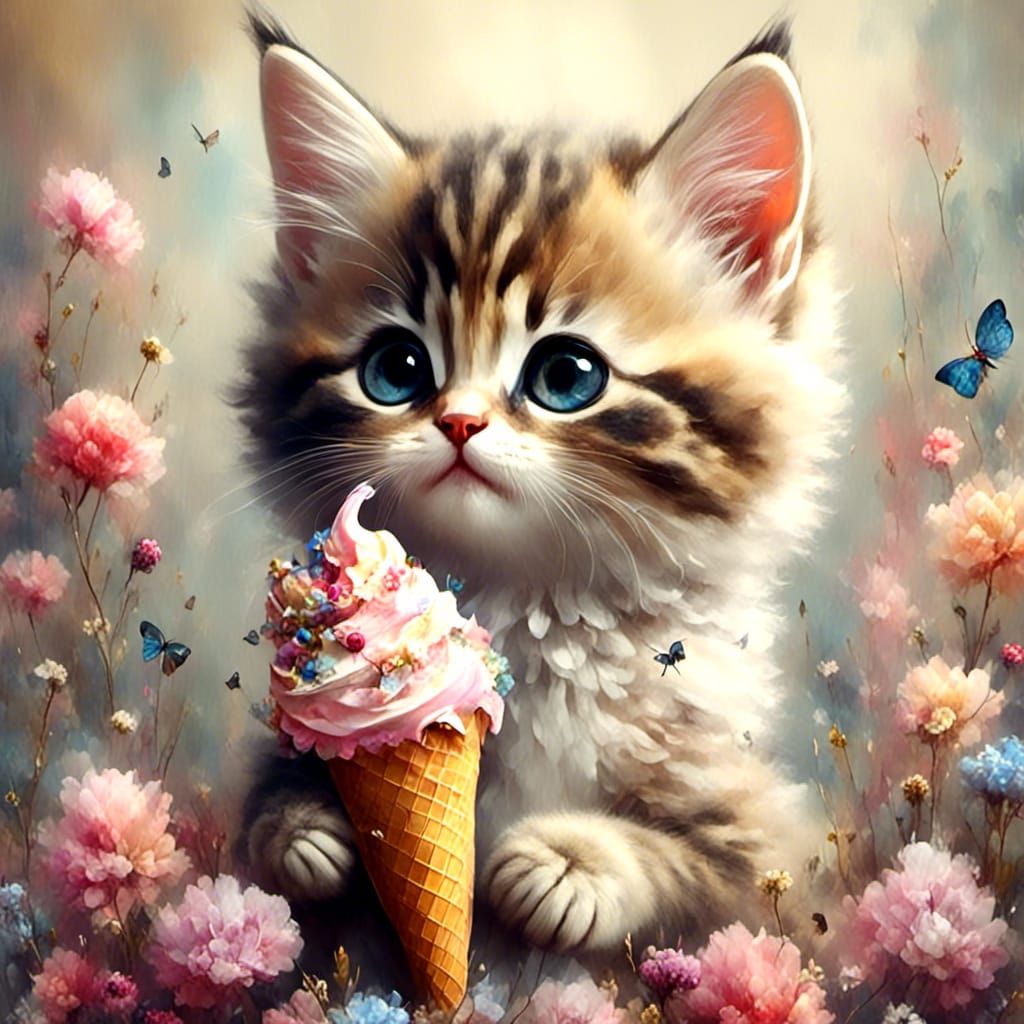 Cute Kitten Enjoys Ice Cream Cone in Flower Garden