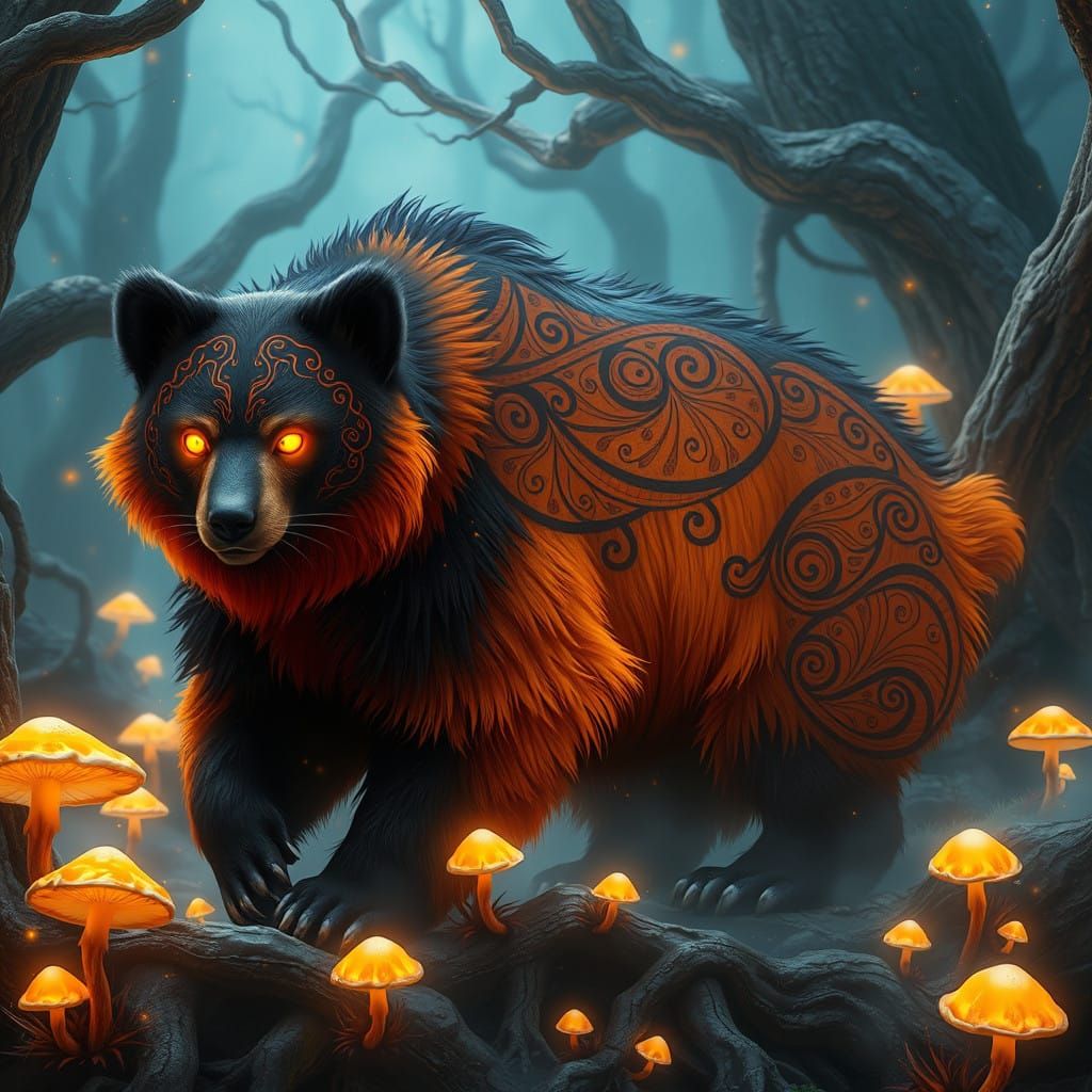 Majestic Orange-Black Bearcat in Mystical Forest