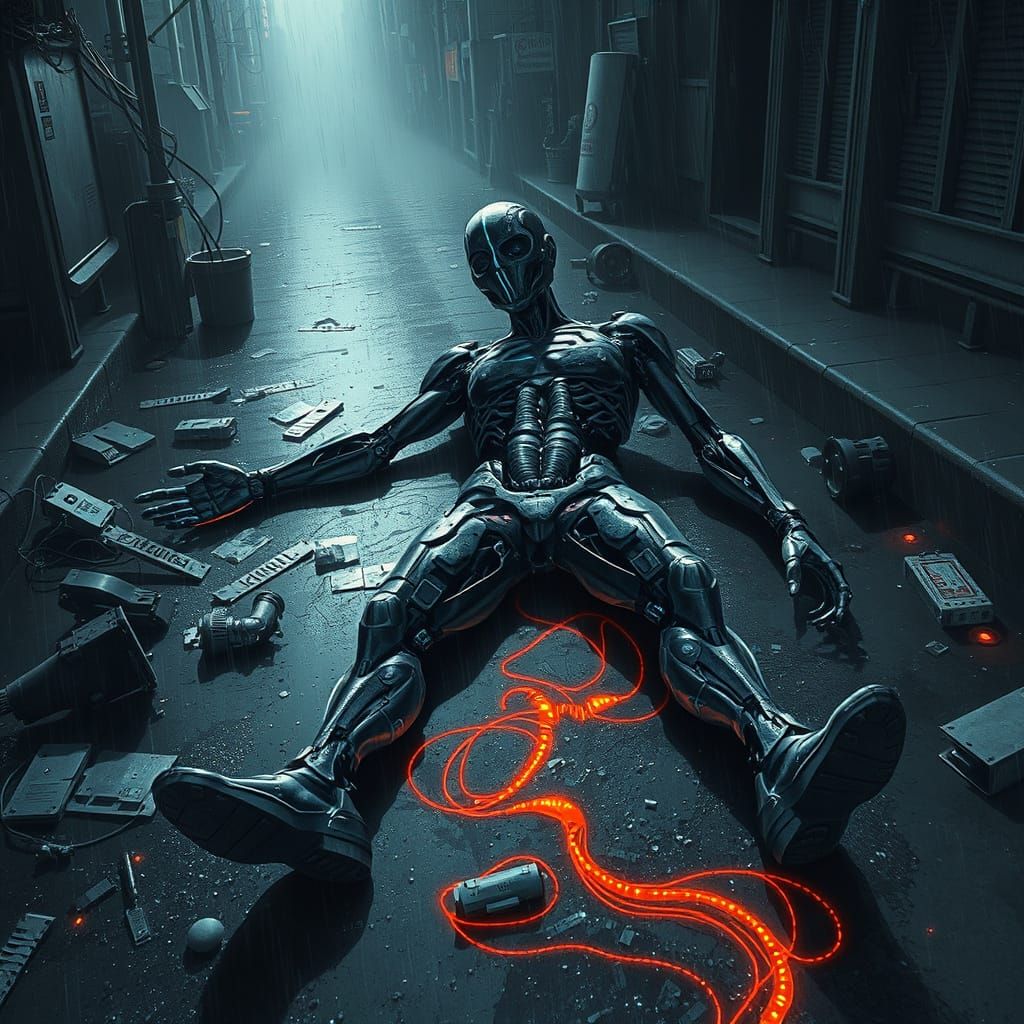 Dismembered Cyborg Assassin in Dystopian Cityscape