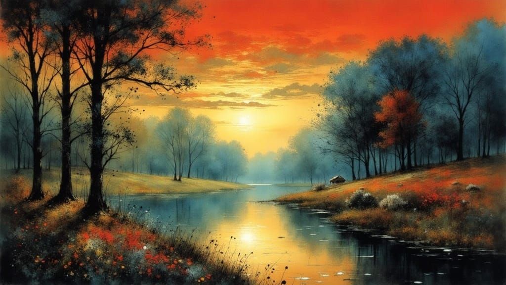 Landscape at Dusk with Majestic Oak Trees and Serene Lake