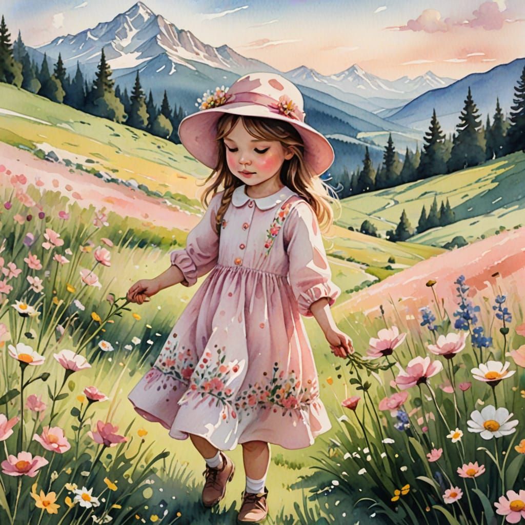 Whimsical Mountain Meadow Girl in Watercolor Style
