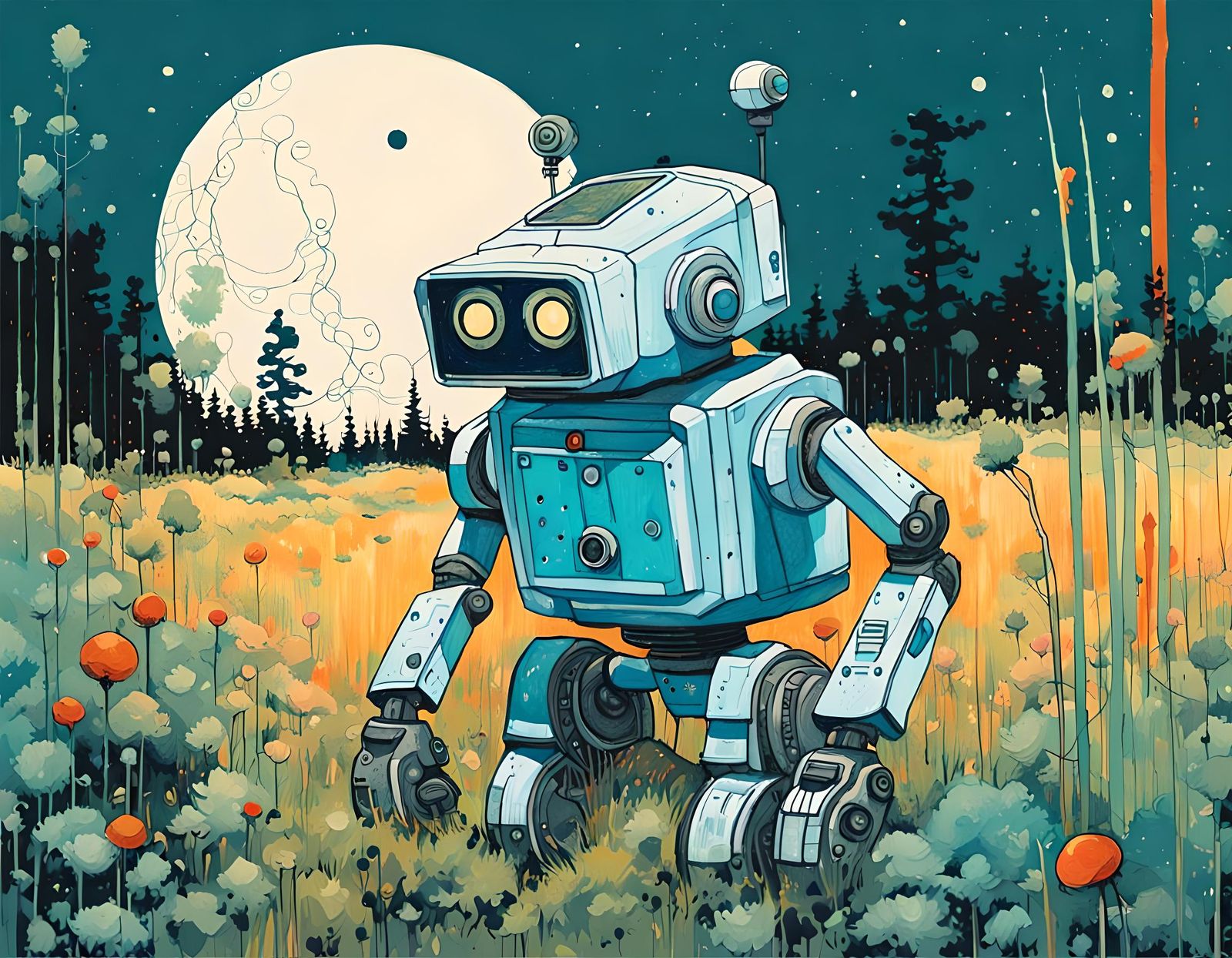 Chibi Robot with Space Dog in Cyberpunk Art