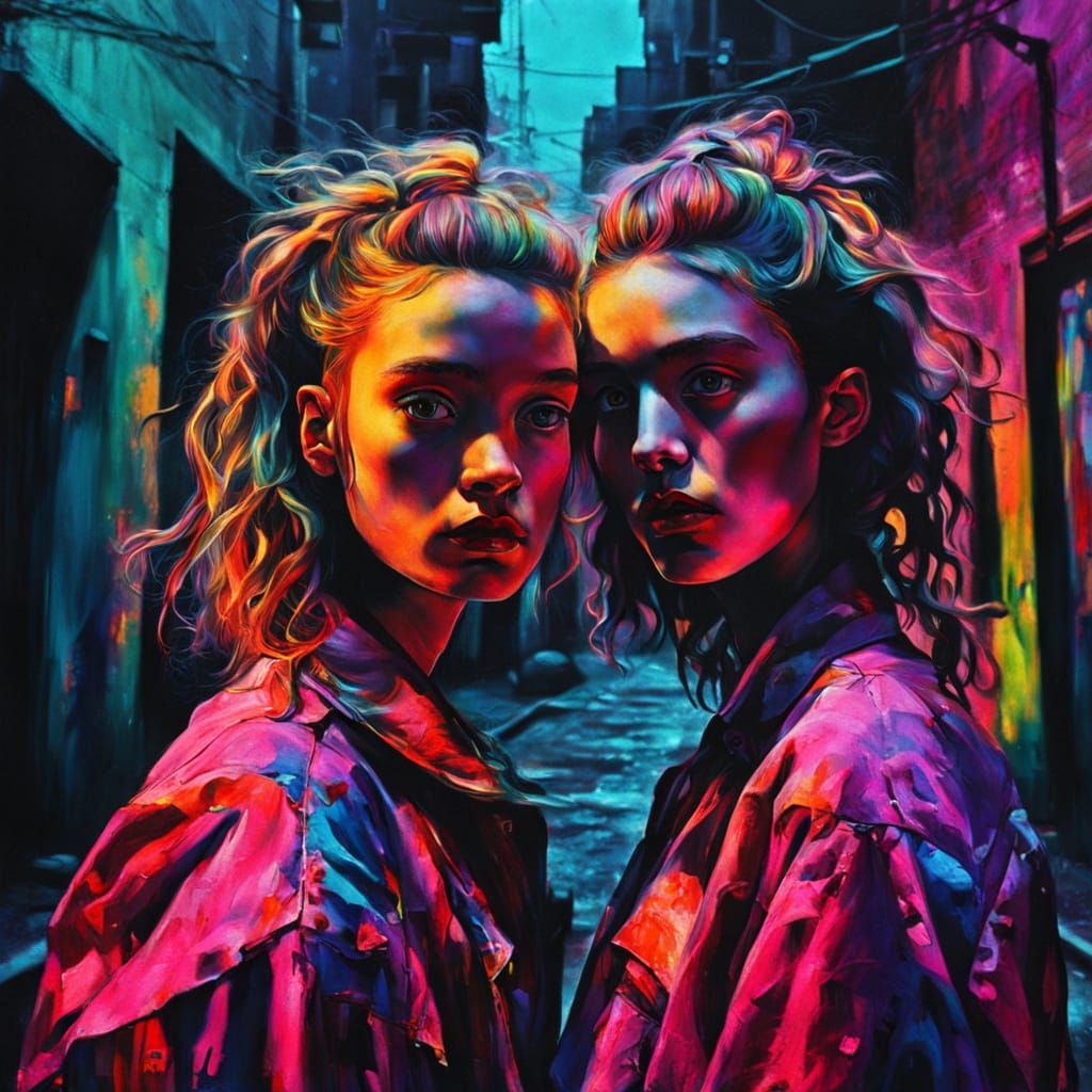 Surreal Portrait of Girls in Neon-Lit Alleyway