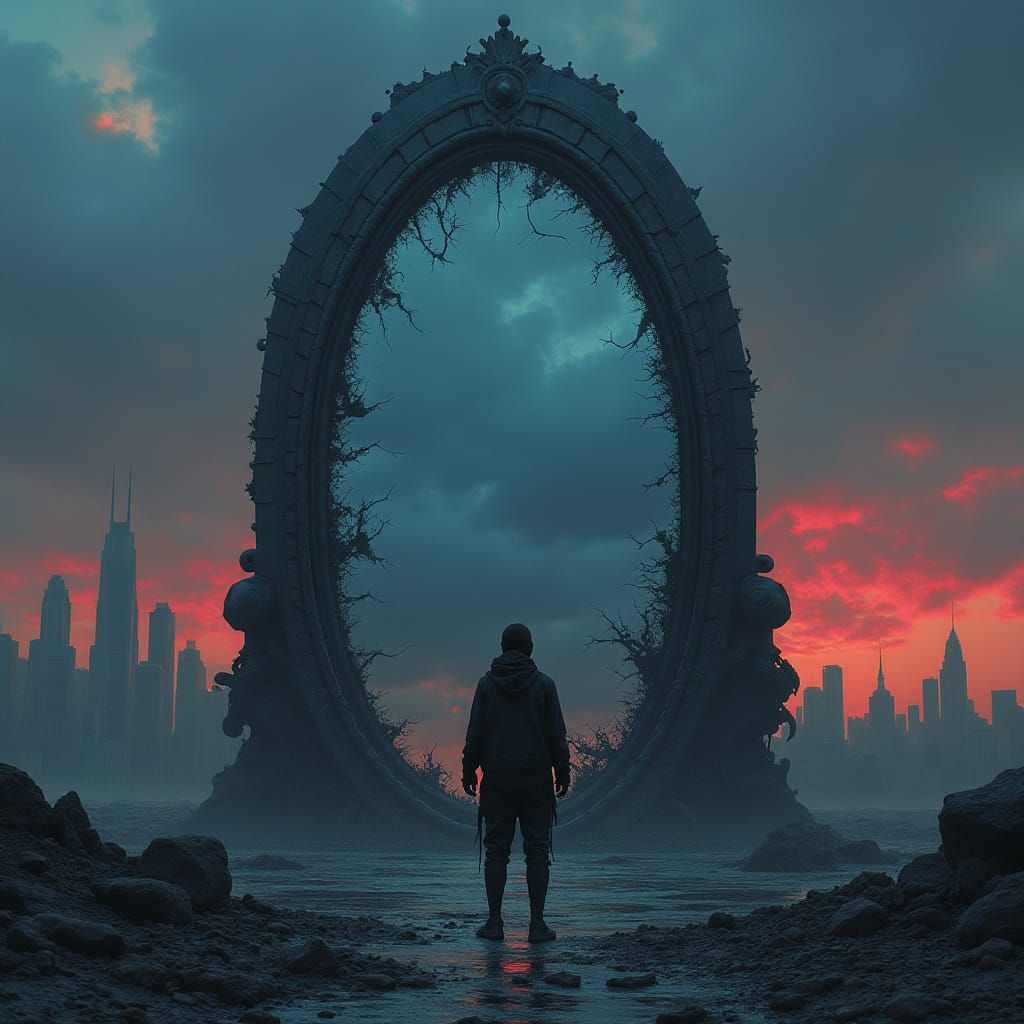 Distorted Mirror Reflects Fractured Cityscape in Dark Surrea...