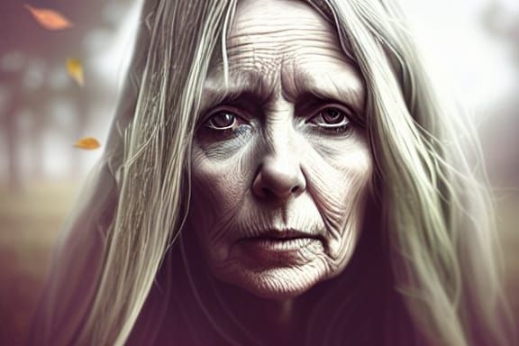 Crone Portrait with Autumn Leaves Hair in Dark Fantasy