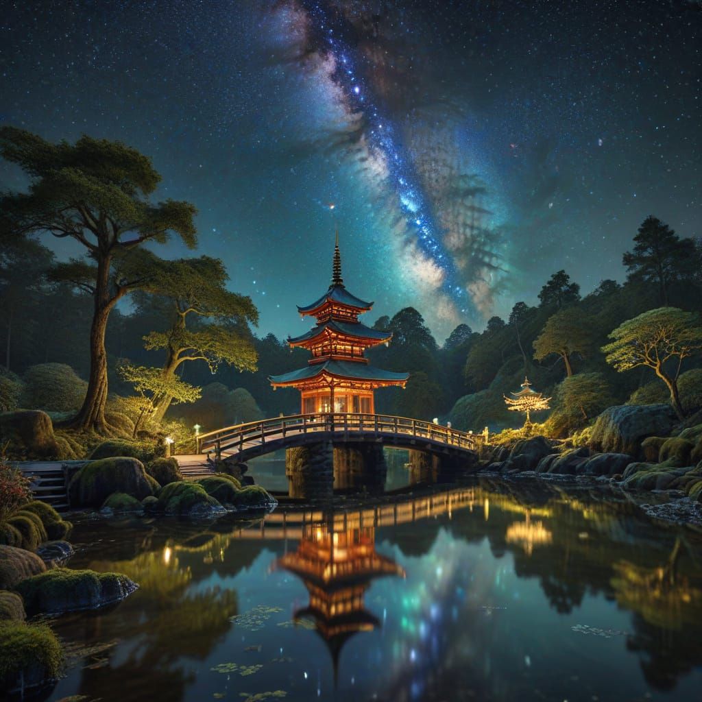 Milky Way Over Zen Garden in Art Nouveau Style