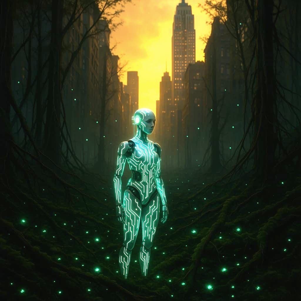 Ethereal Android in Bioluminescent Forest Ruins