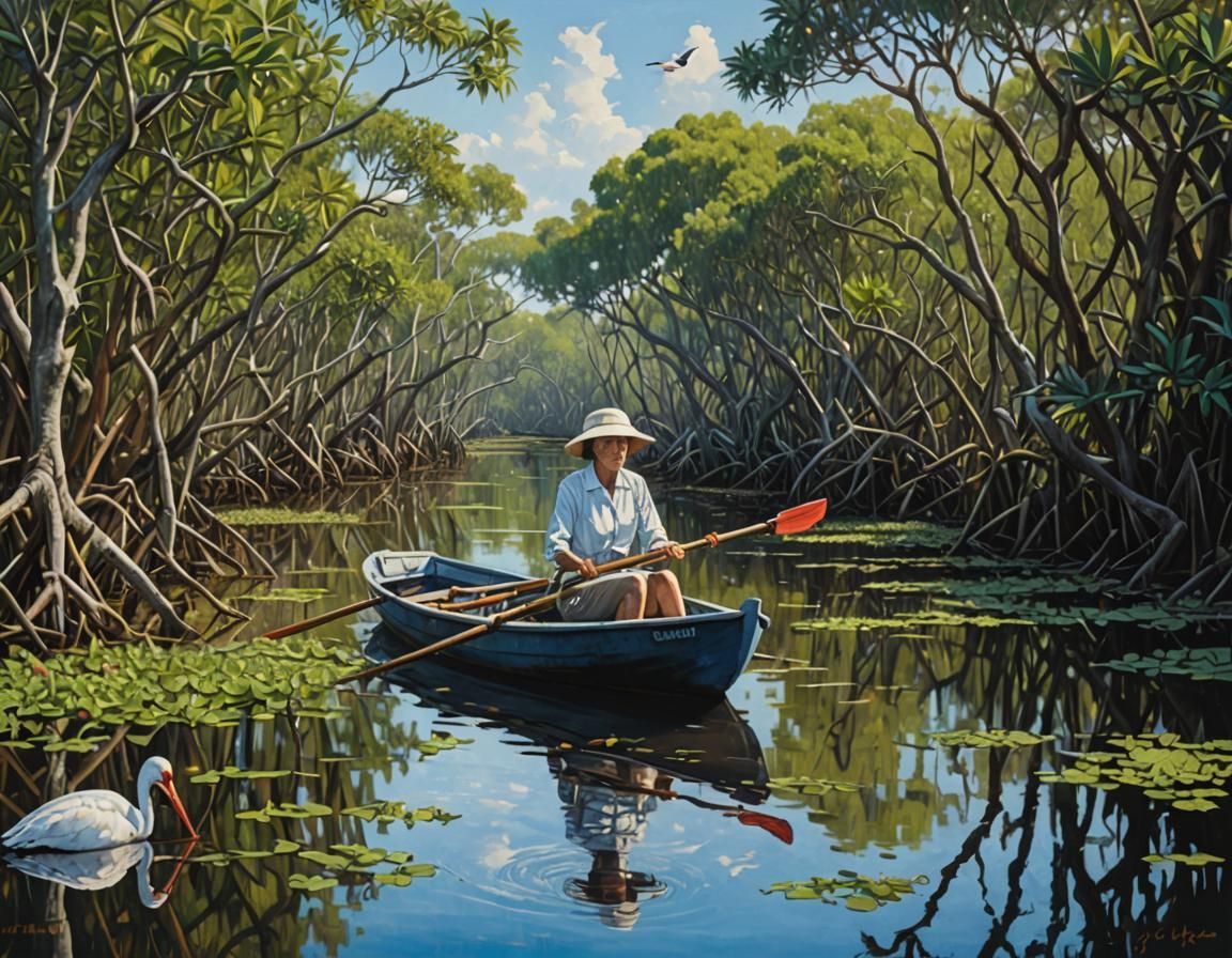 Woman Rowing Boat Through Mangroves, Ibis Eating Crabs