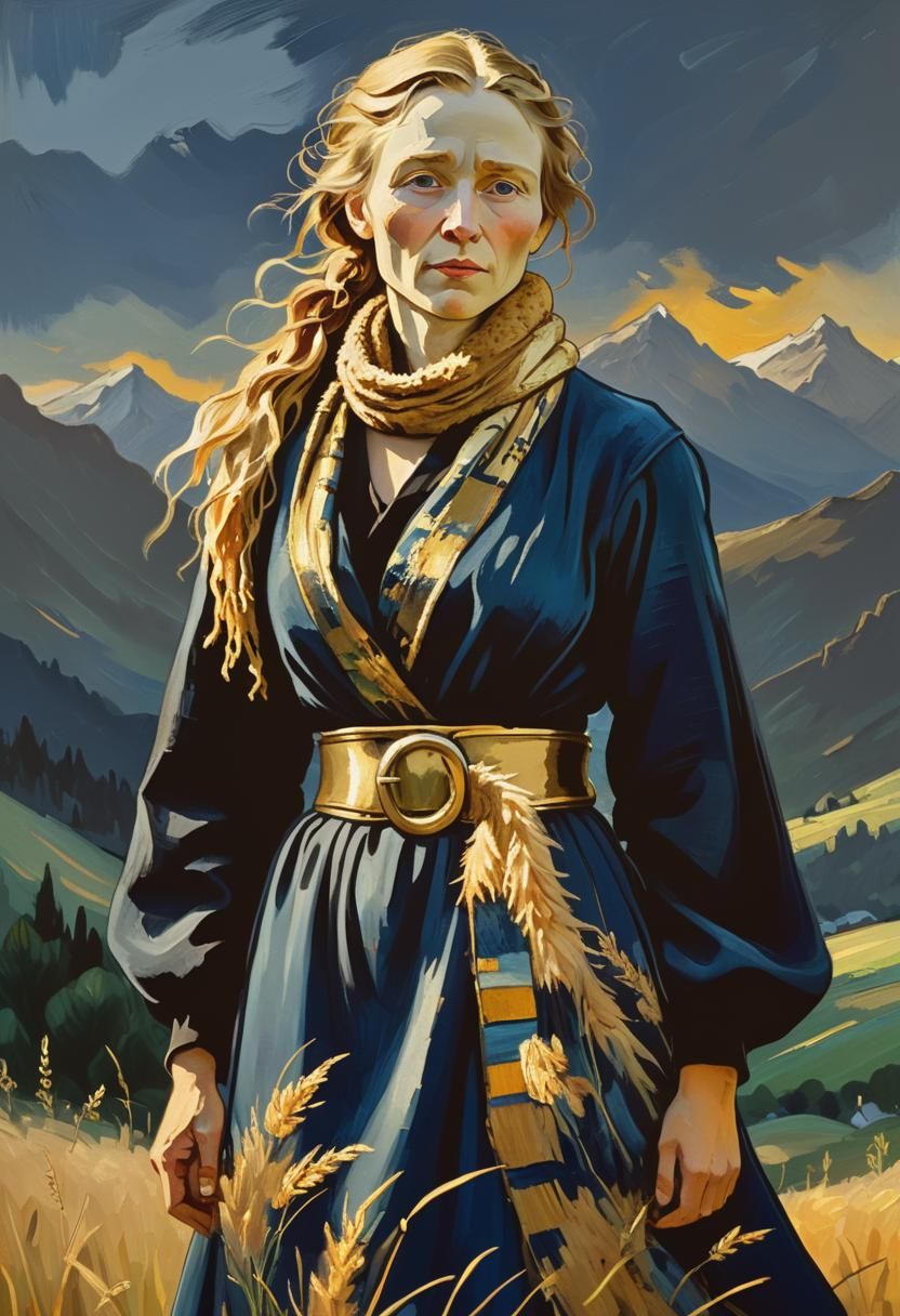 Impressionist portrait. Ancient woman in a long dark blue dr...