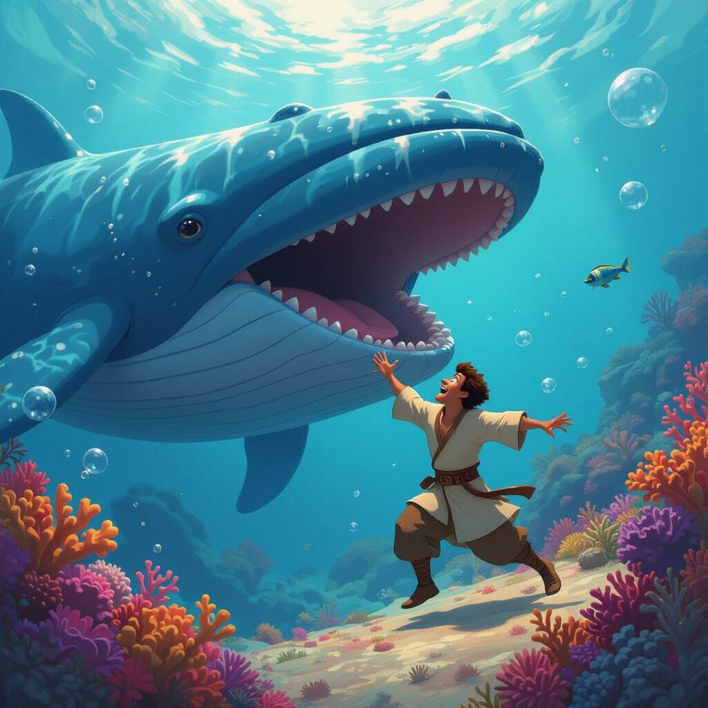 Man Falls Toward Friendly Blue Whale in Pixar Style