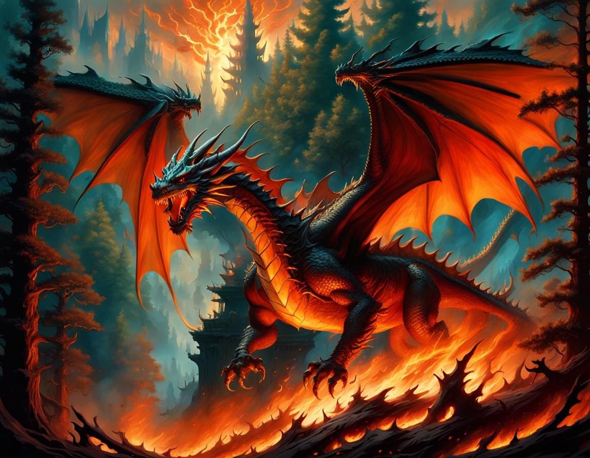 Fiery Dragon Over Burning Forest: Fantasy Concept Art