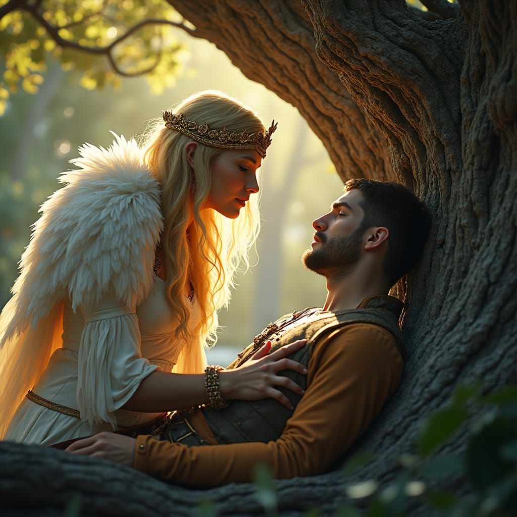 Valkyrie's Compassion: A Hyper-Realistic Fantasy Scene